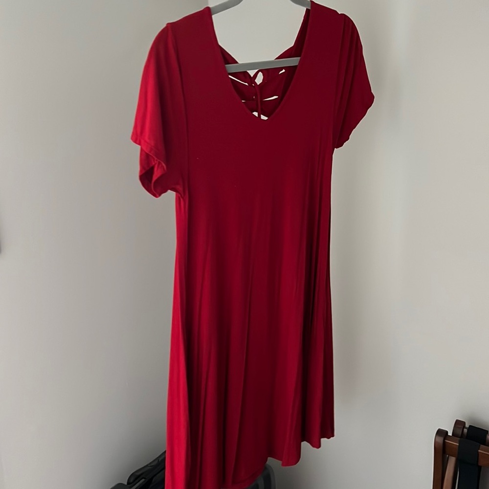 Bel Kazan Soft Red V-neck Dress with pockets
